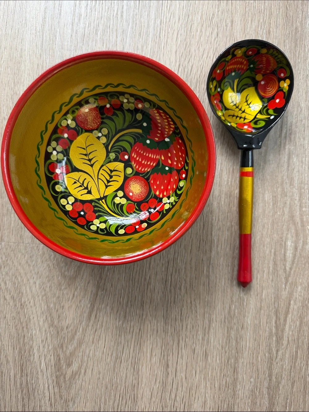 Russian Khokhloma Style Wooden Bowl & Spoon Set Folk Art Decor
